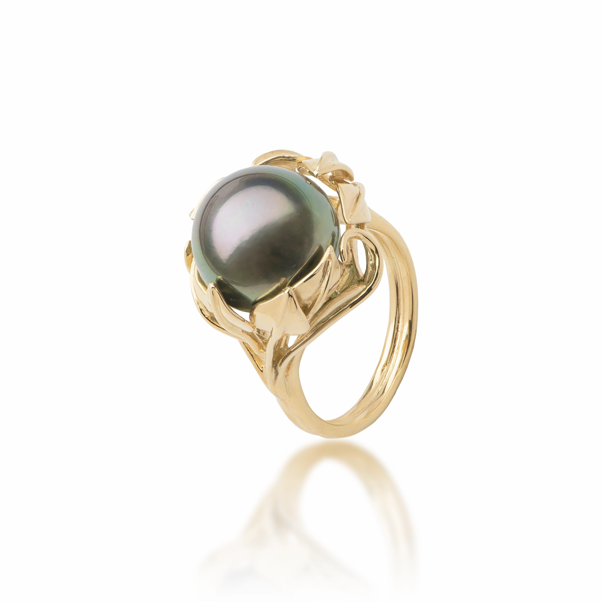 Maile Leaf Tahitian Black Pearl Ring in Gold - 12-13mm Handcrafted Design Shine