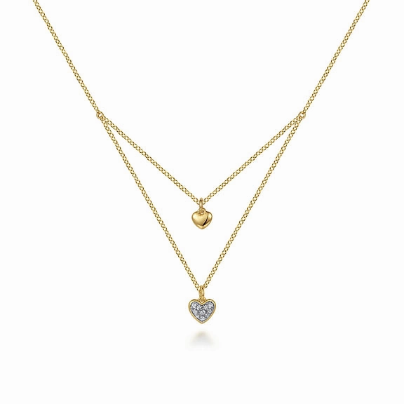 Bold Charm 14K Yellow Gold Diamond Double Heart Pendant Necklace