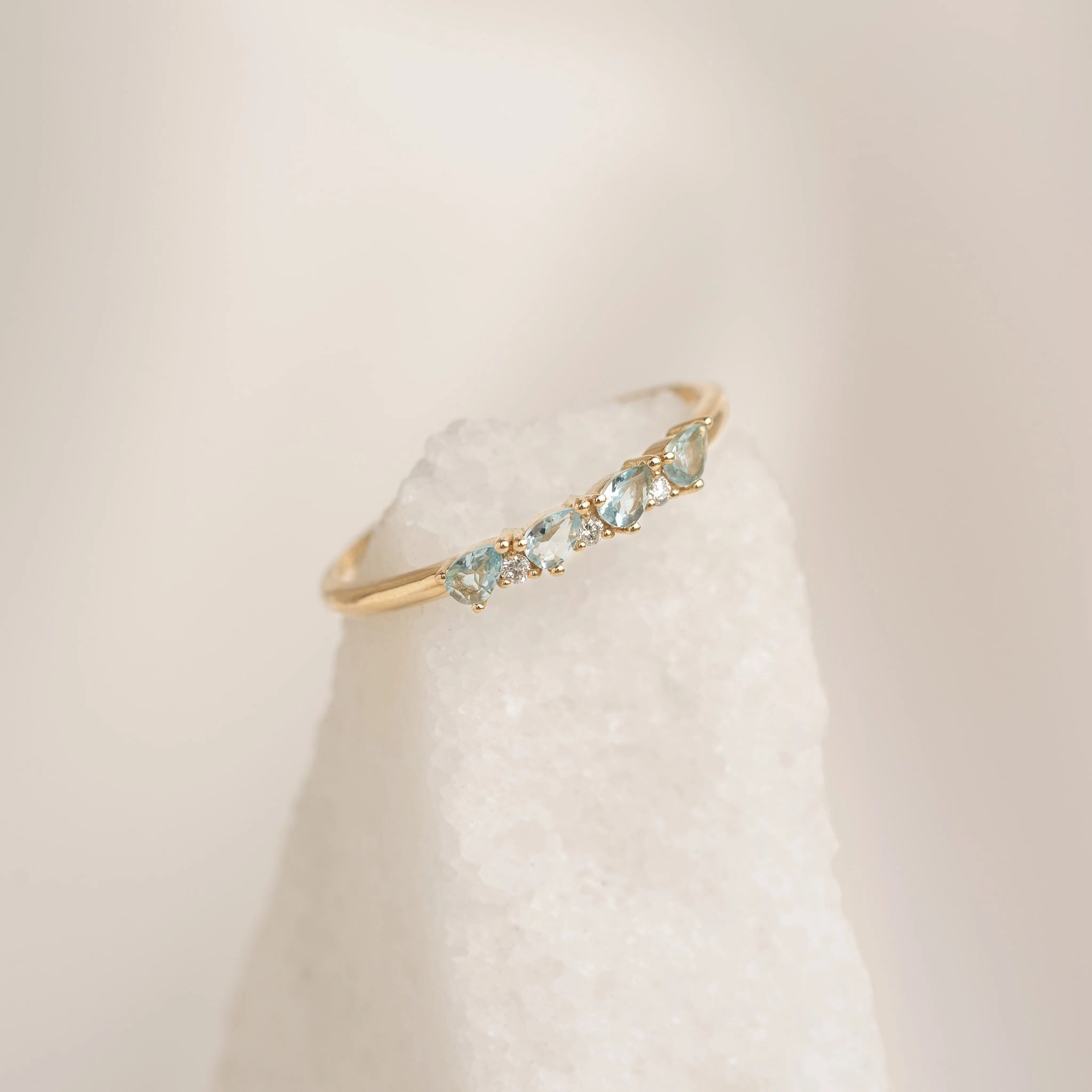 Pastel Look Glittering Craft March Birthstone Pear Ring 14k Gold - Swiss Blue Topaz and Diamond