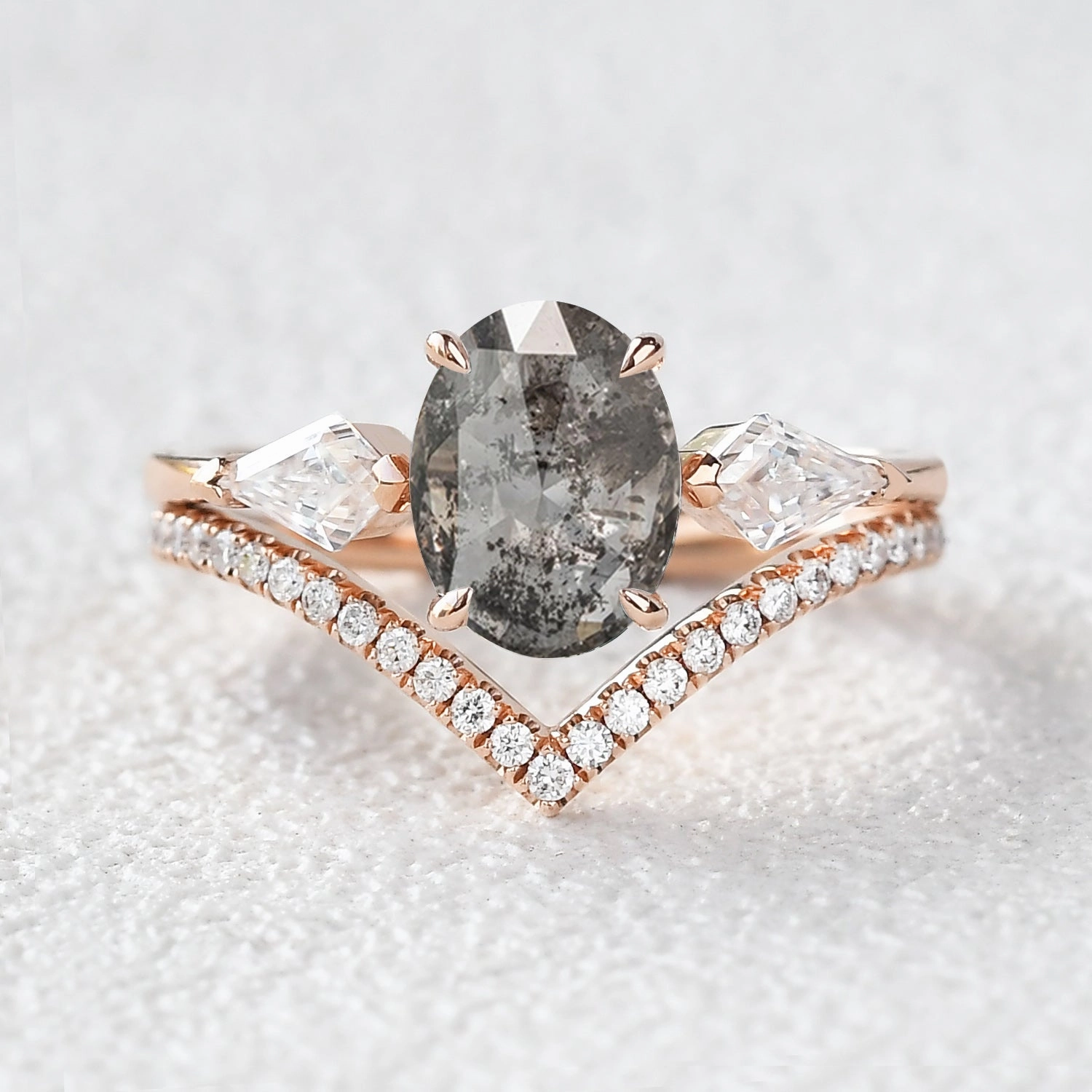 Oval Cut Salt and Pepper Diamonds Engagement Three Stone Ring Sets 2pcs High-End Quality