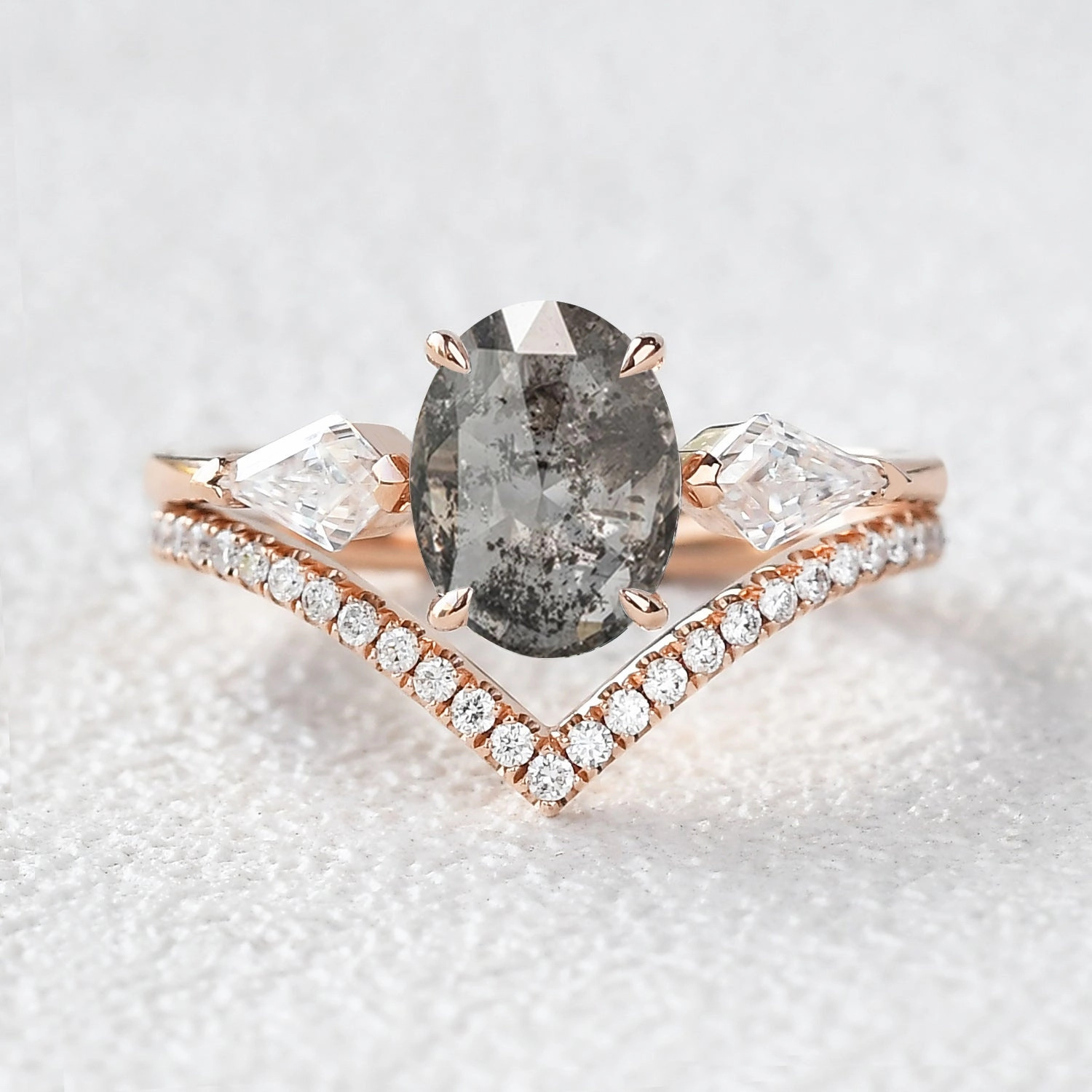 Bold Craft Oval Cut Salt and Pepper Diamonds Engagement Three Stone Ring Sets 2pcs