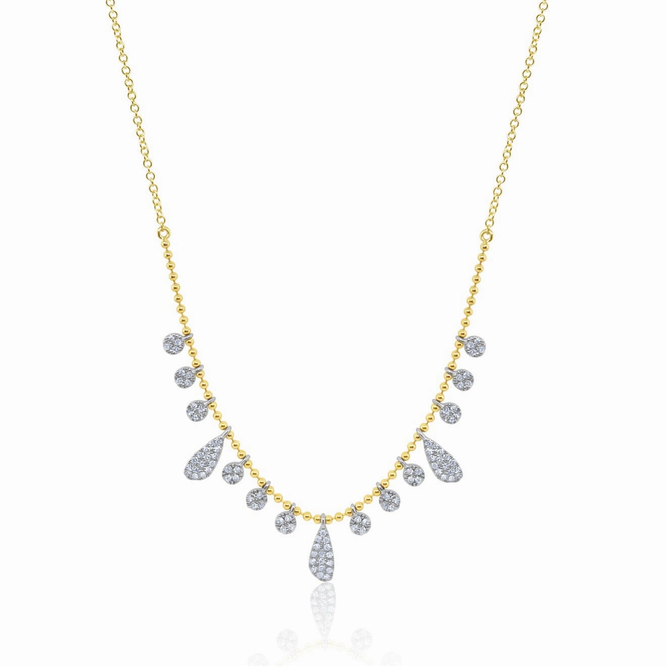 Elegant Statement Model Shot Yellow Gold Ball Chain Diamond Charms Necklace