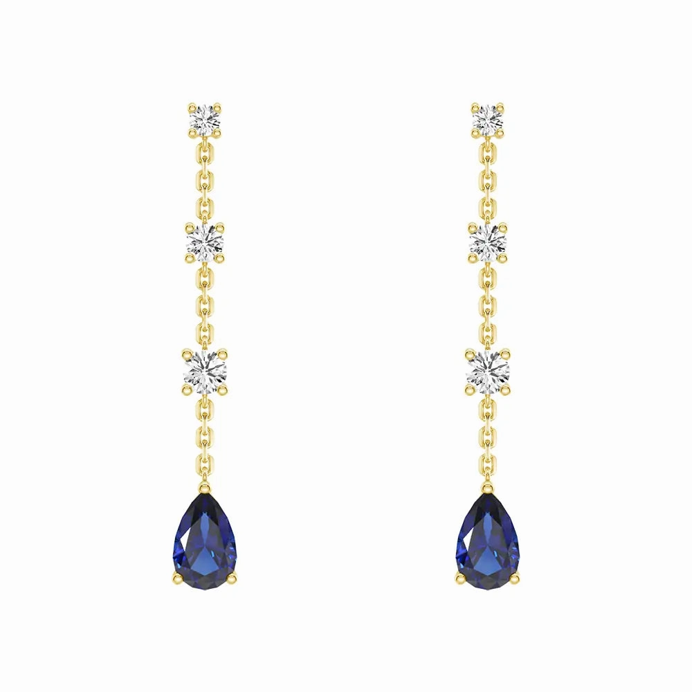 Elegant Tiered Diamond Stud Earrings with Trembling Lab Sapphire Drop Birthday Present