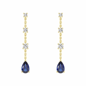 Elegant Tiered Diamond Stud Earrings with Trembling Lab Sapphire Drop Birthday Present
