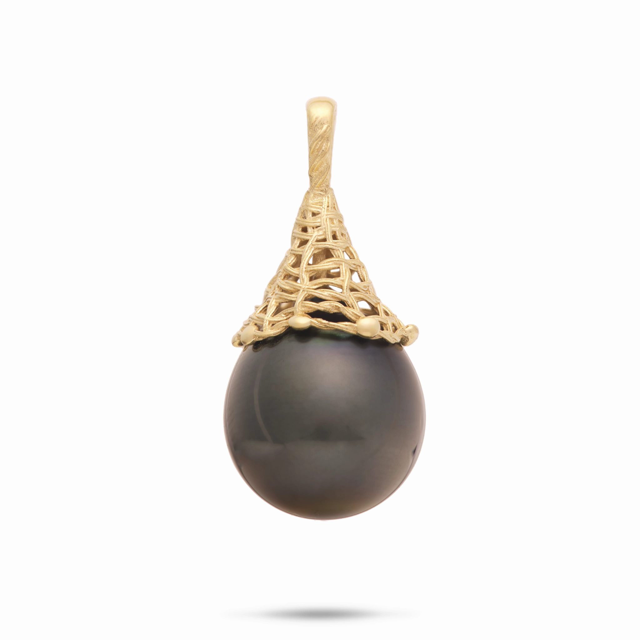 Chic Fusion Polished Contour Fish Net Tahitian Black Pearl Pendant in Gold - 14-17mm