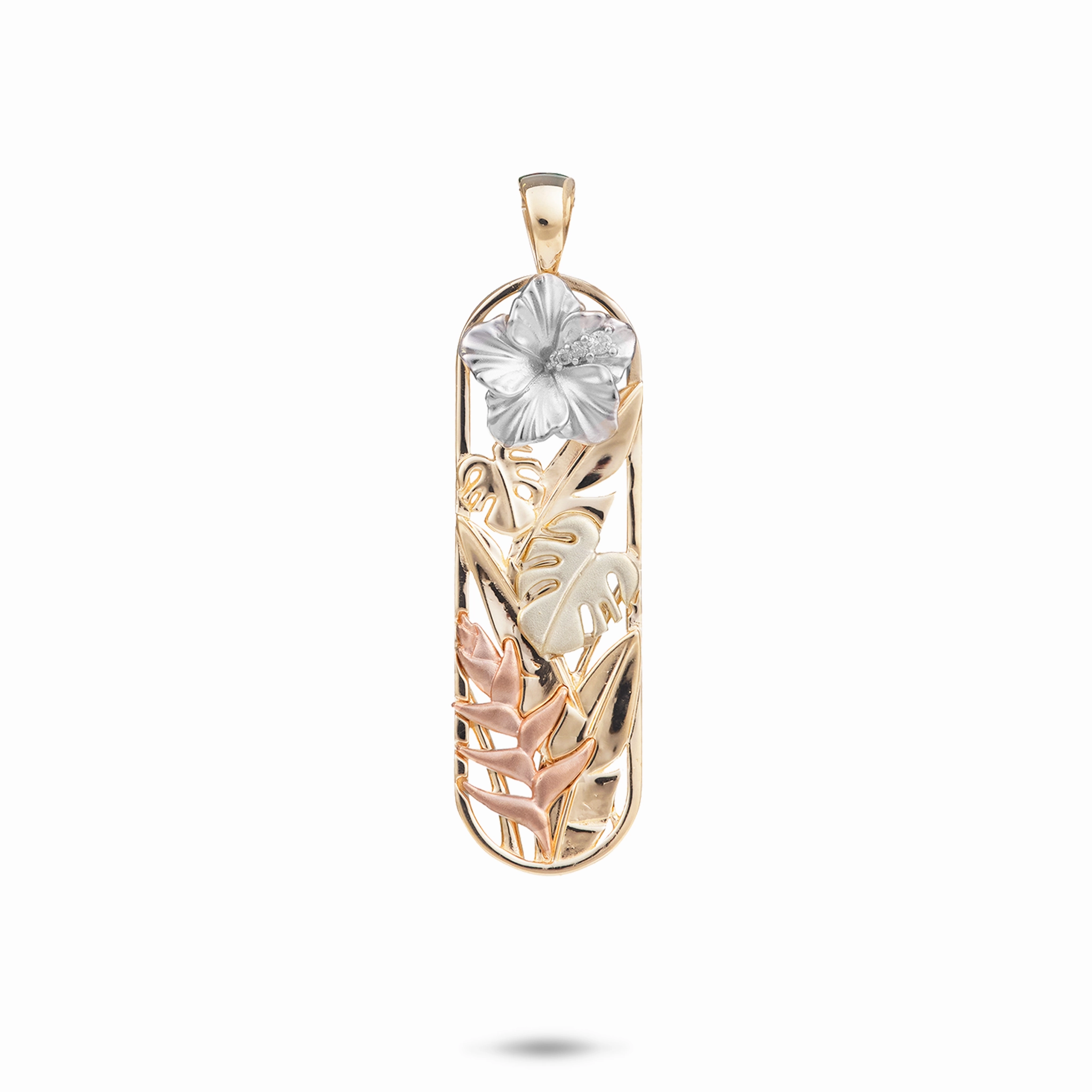 Hawaiian Gardens Hibiscus Pendant in Four Tone Gold with Diamonds - 32mm Minimalist Edge Clean Spark