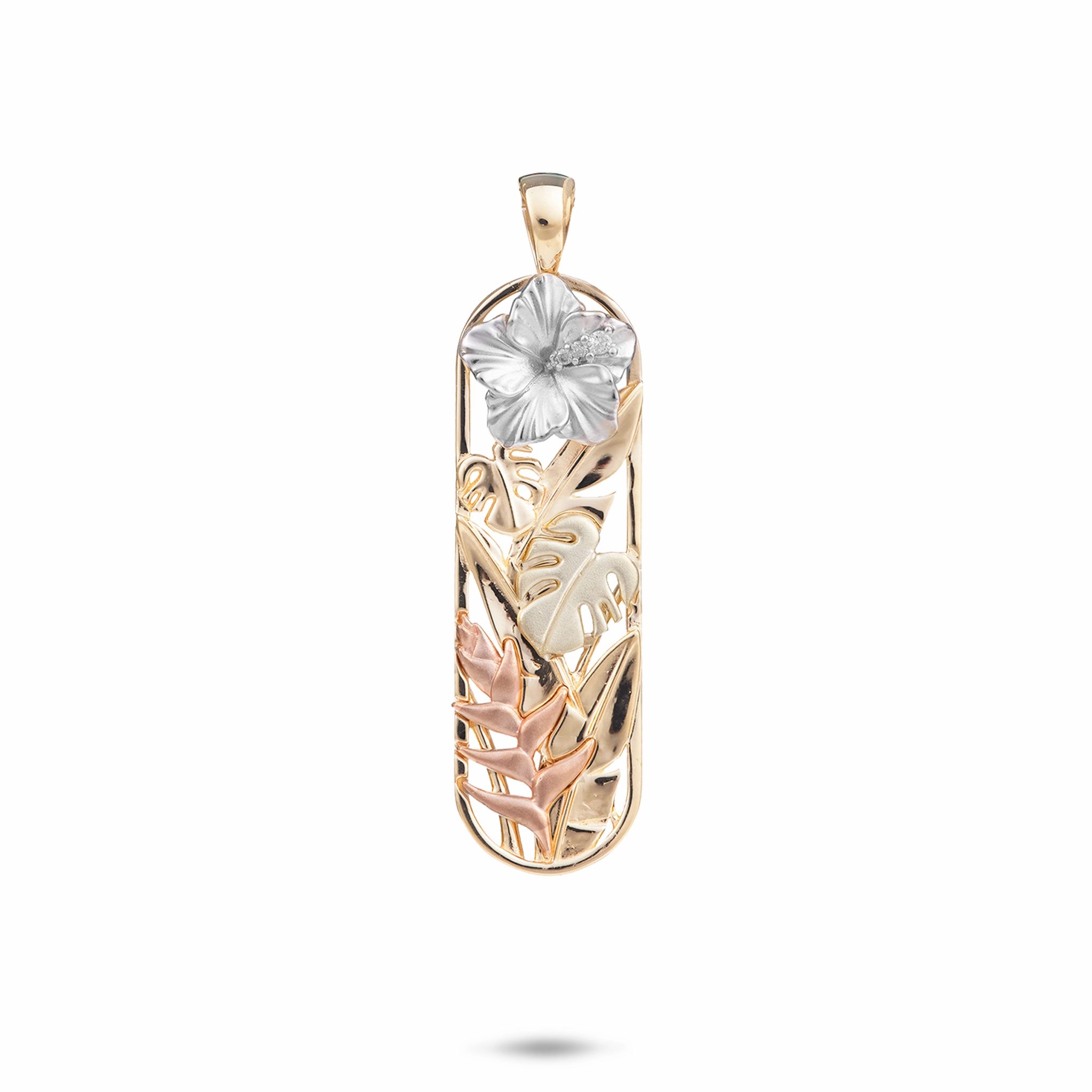 Hawaiian Gardens Hibiscus Pendant in Four Tone Gold with Diamonds - 32mm Fresh Elements Cool Accent