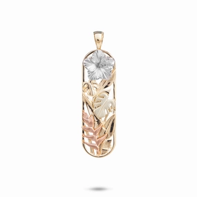 Hawaiian Gardens Hibiscus Pendant in Four Tone Gold with Diamonds - 32mm Holiday Gift Shimmering Touch