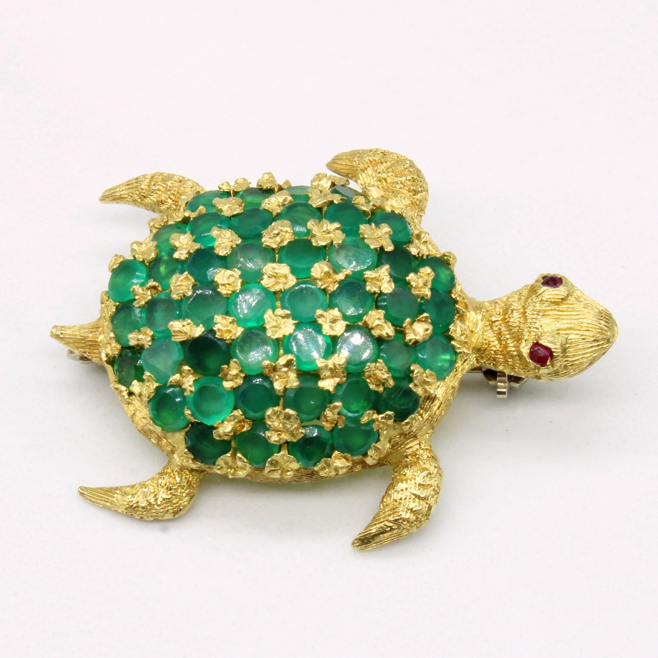 Airy Light Unique Style Synthetic Emerald & Ruby Turtle 18k Brooch | 2.64ctw, 0.01ctw |