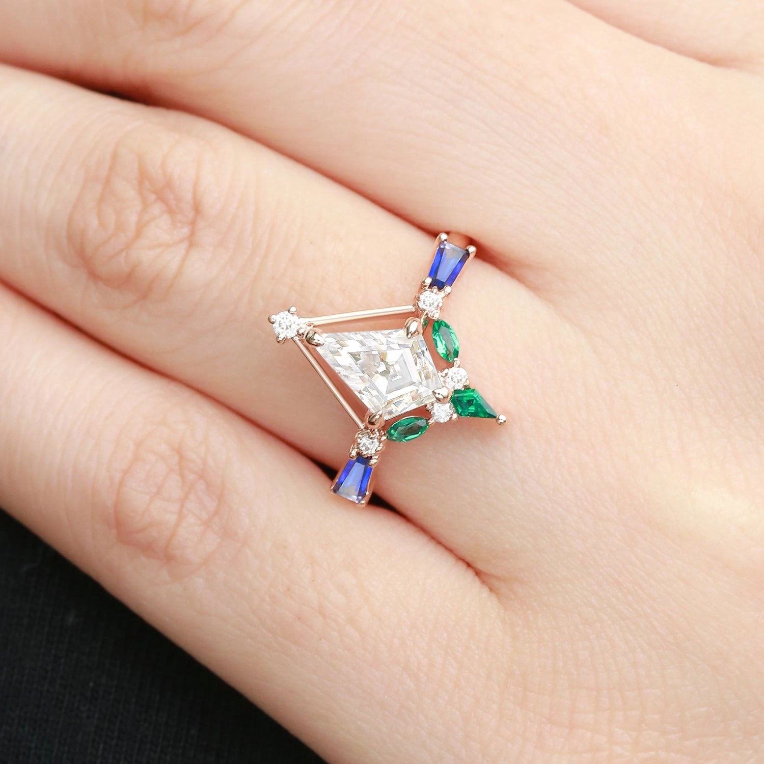 Unique Kite Cut Moissanite Curved Engagement Ring Polished Lines Vintage Style