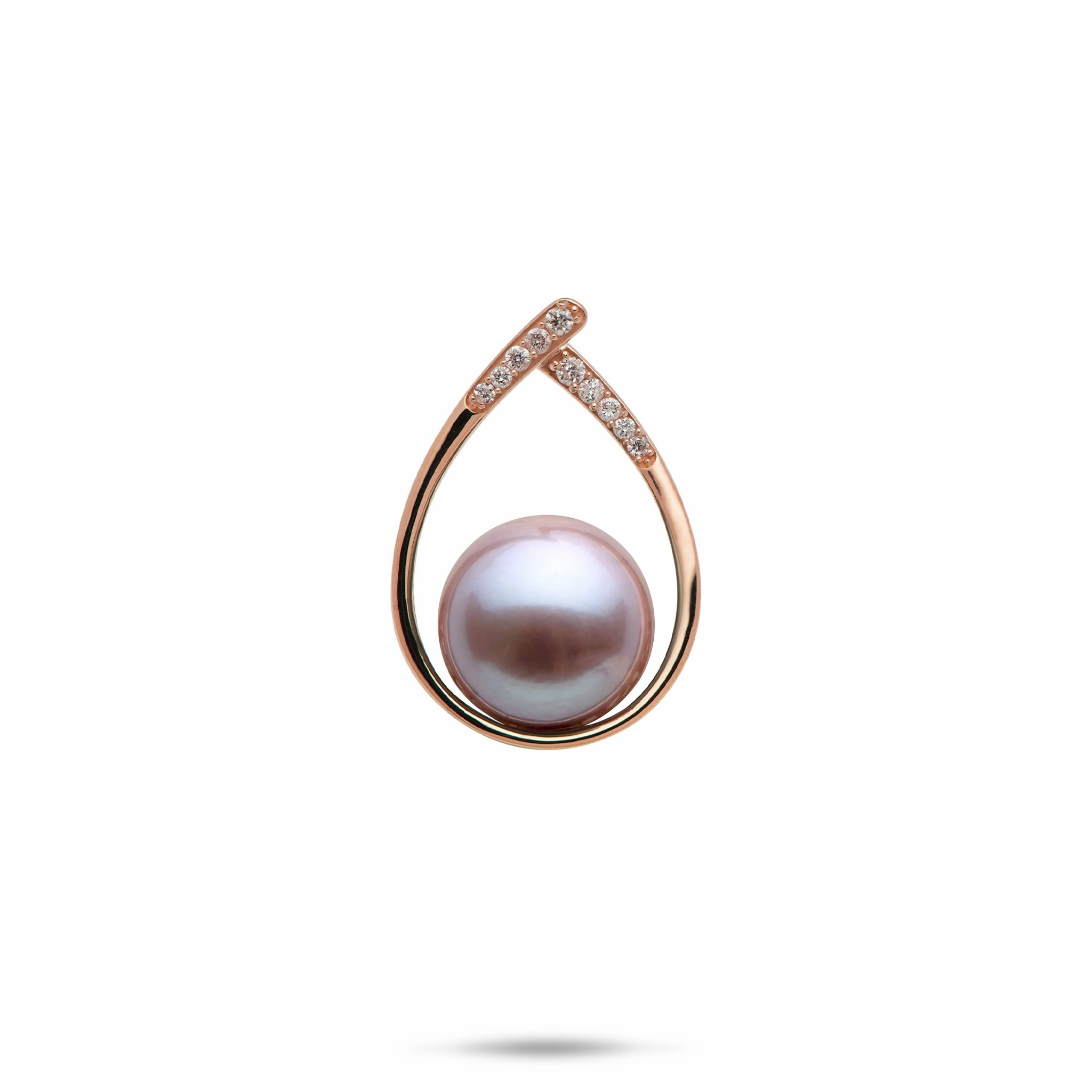 Luxury Layer Sleek Spark Teardrop Lilac Freshwater Pearl Pendant in Rose Gold with Diamonds - 10-11mm