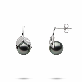Wedding guest Maile Tahitian Black Pearl Earrings in White Gold - 9-10mm