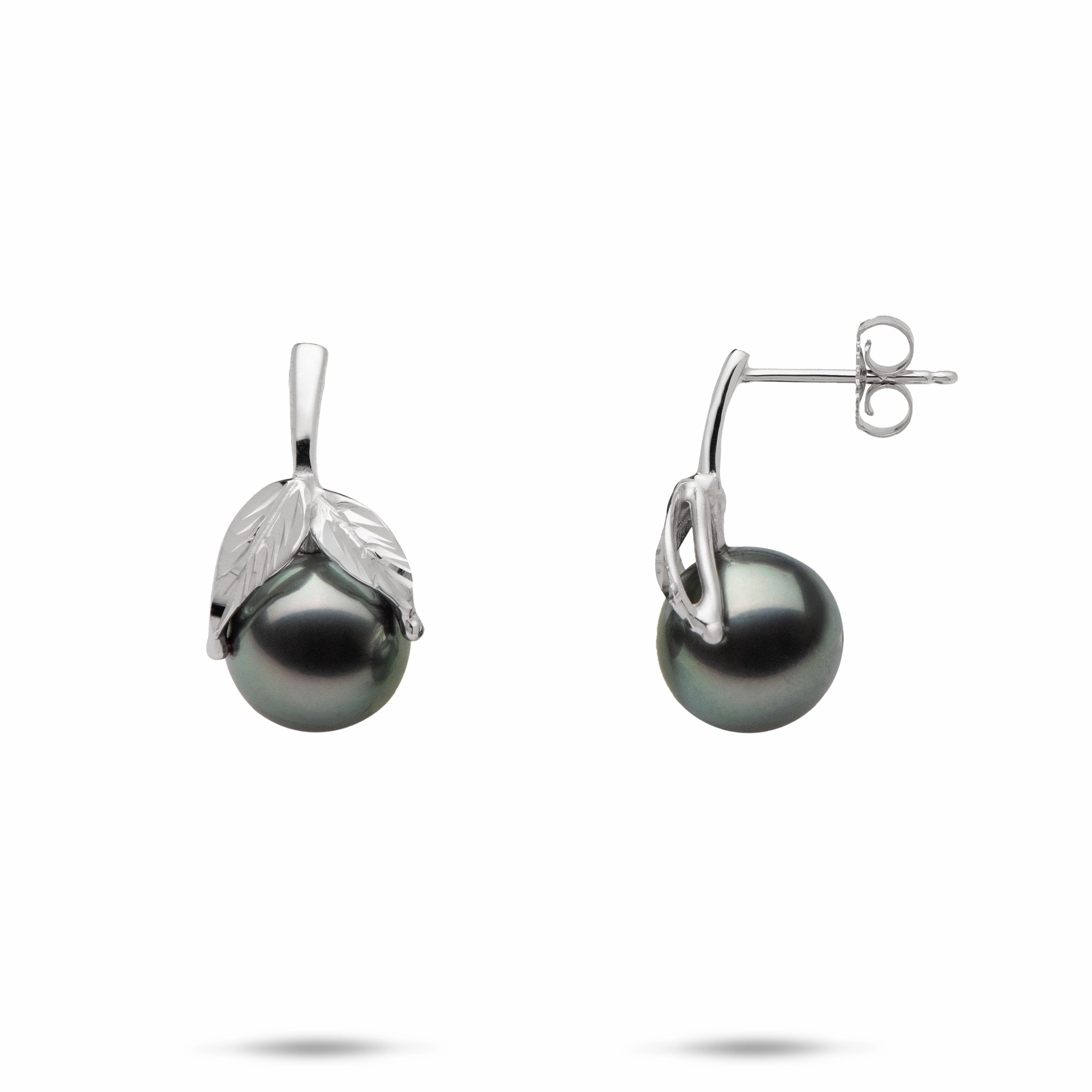 Wedding guest Maile Tahitian Black Pearl Earrings in White Gold - 9-10mm