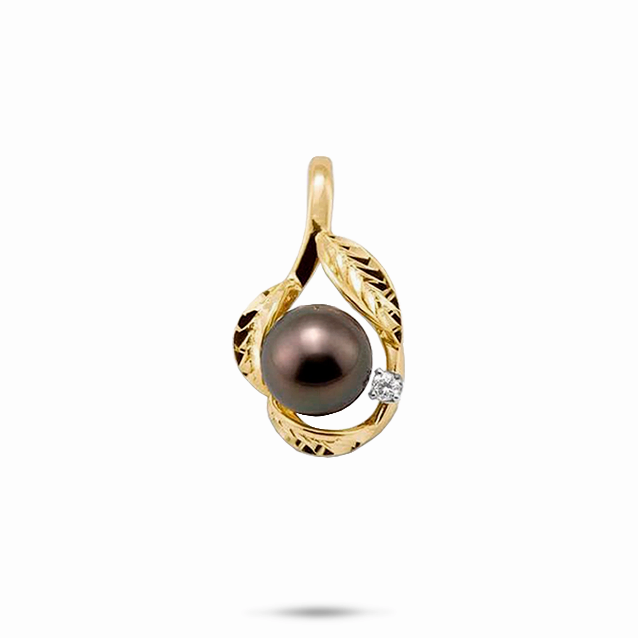 Maile Tahitian Black Pearl Pendant in Gold with Diamonds - 9-10mm Polished Elegance