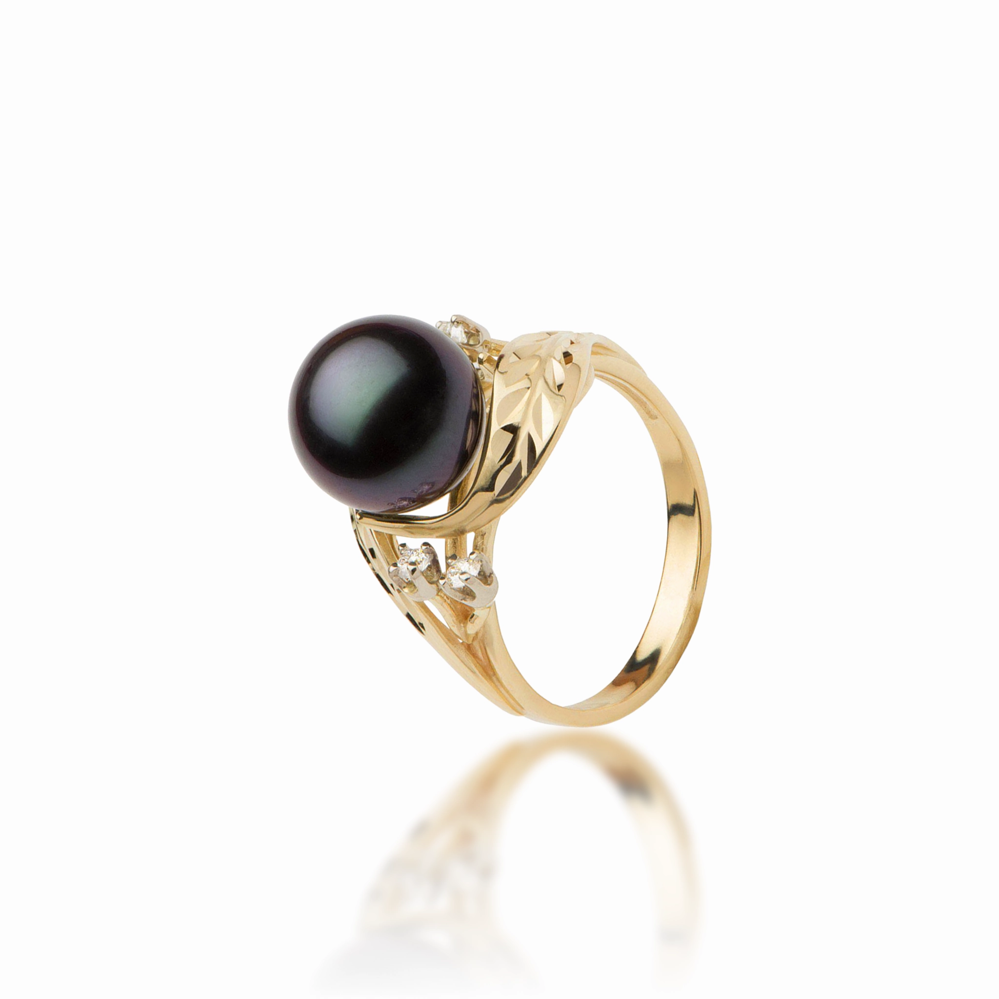 Formal Detail Gleaming Finish Maile Tahitian Black Pearl Ring in Gold with Diamonds - 9-10mm