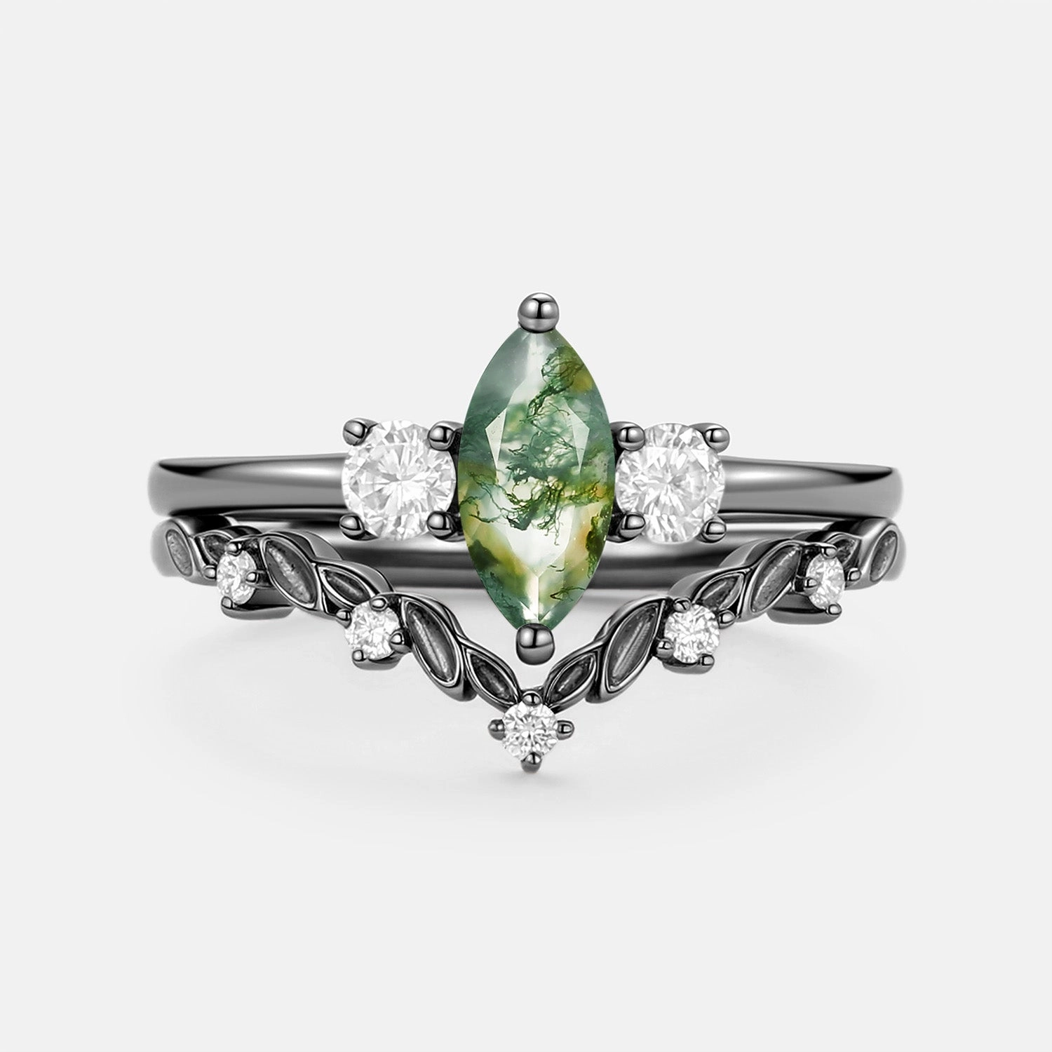Marquise Cut Moss Agate Leafy Engagement Ring Sets 2pcs - Penny Everyday Design