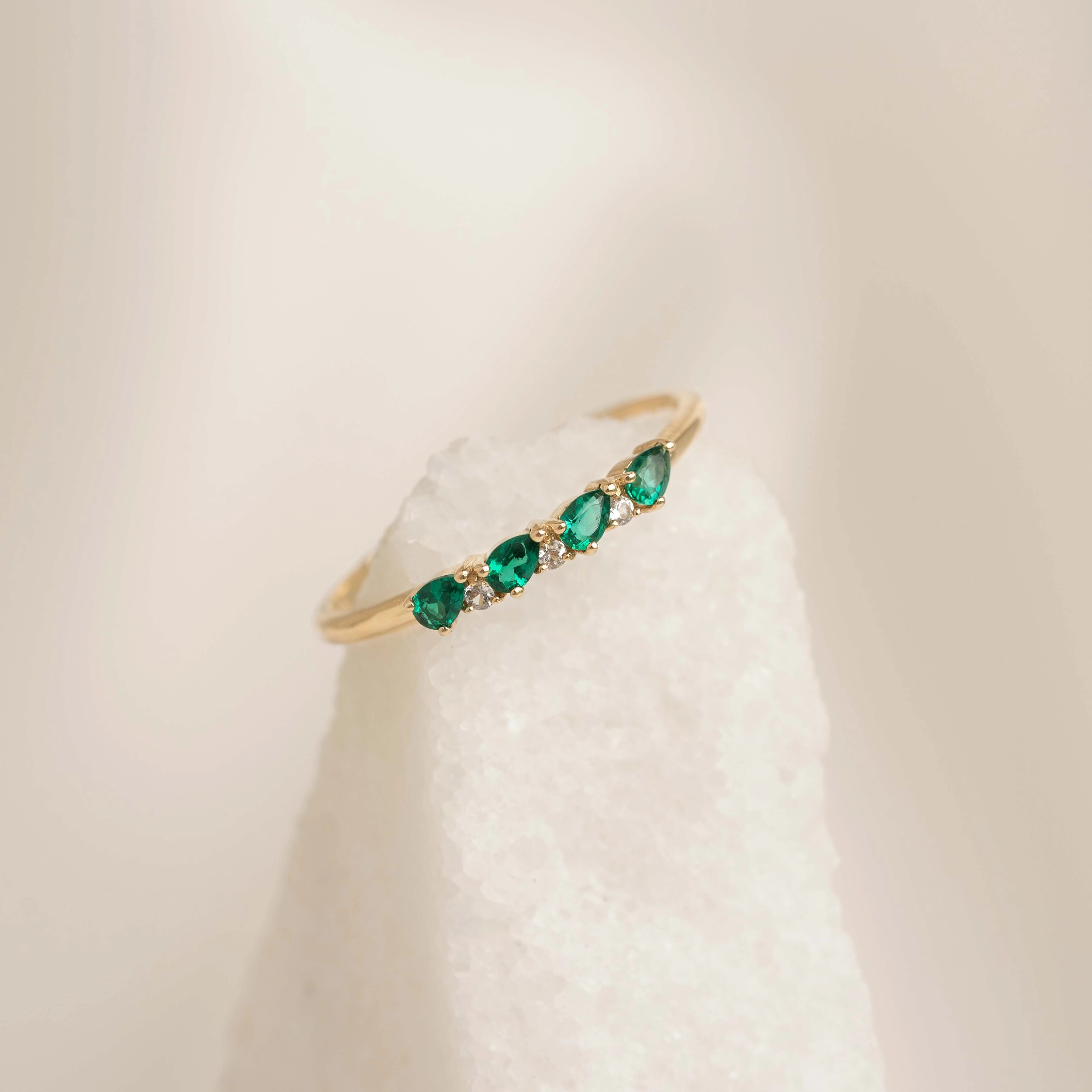 Elegant Pieces May Birthstone Pear Ring 14k Gold - Emerald and Diamond