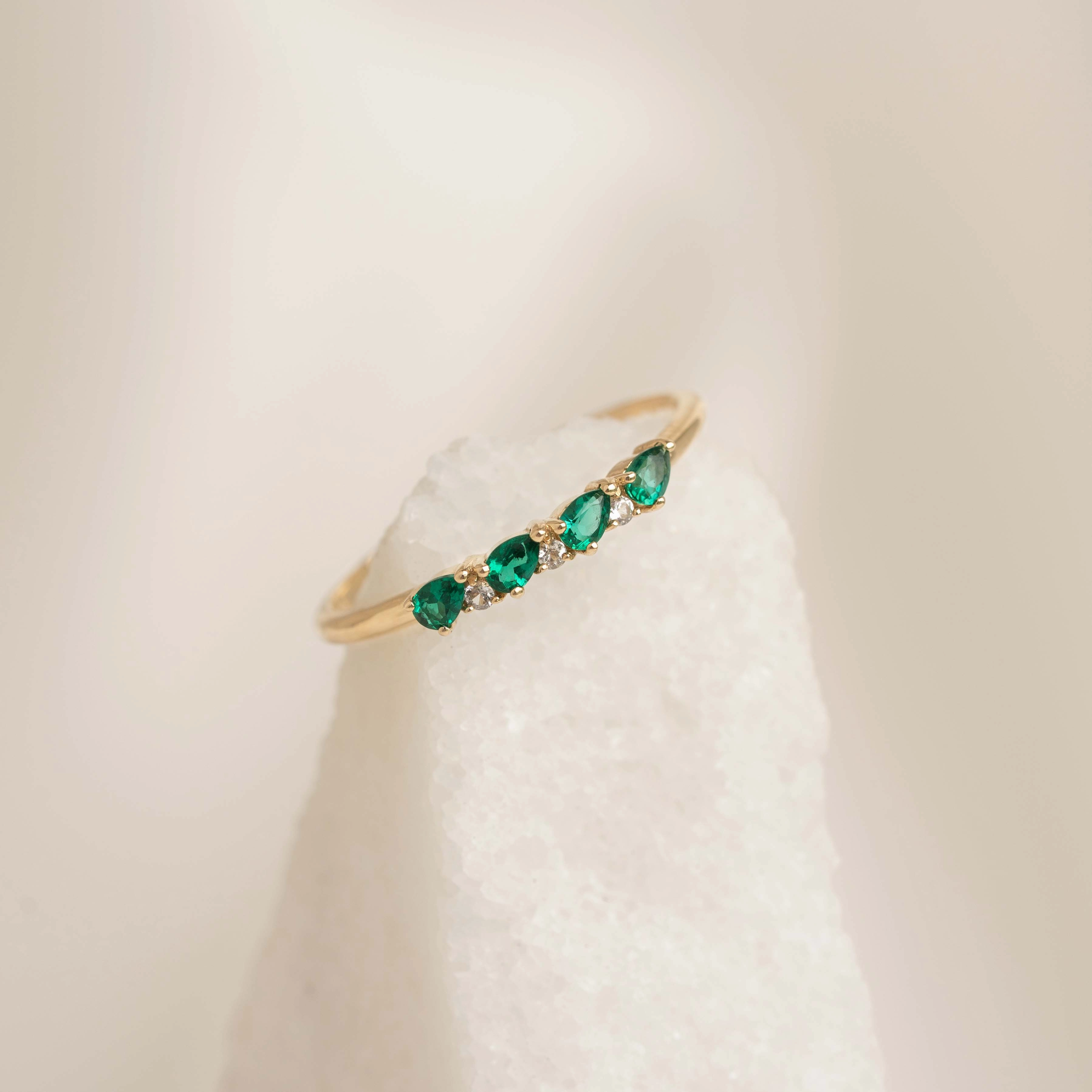 Bold Design Polished Flow May Birthstone Pear Ring 14k Gold - Emerald and Diamond