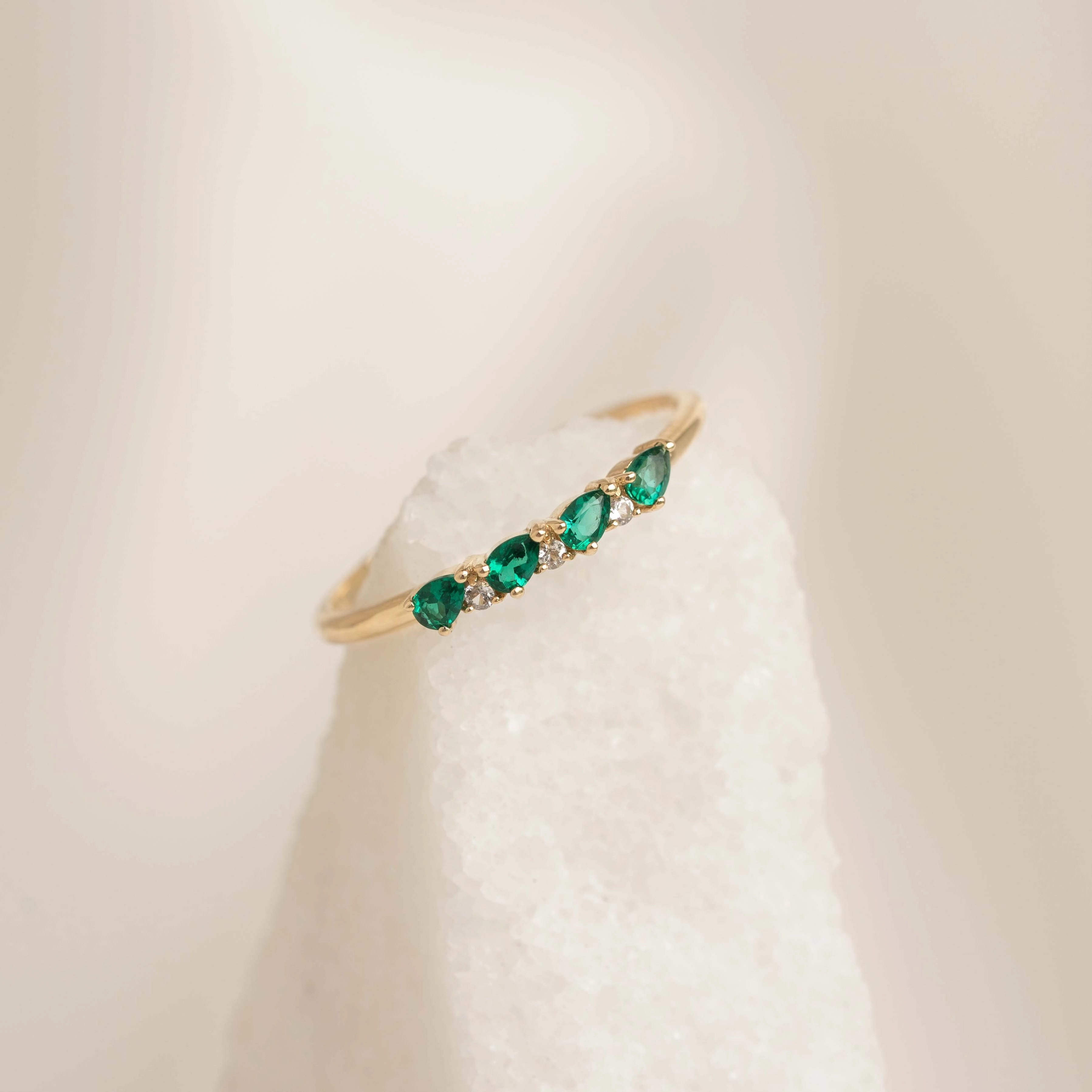 Model Shot Elegant Sparkle May Birthstone Pear Ring 14k Gold - Emerald and Diamond