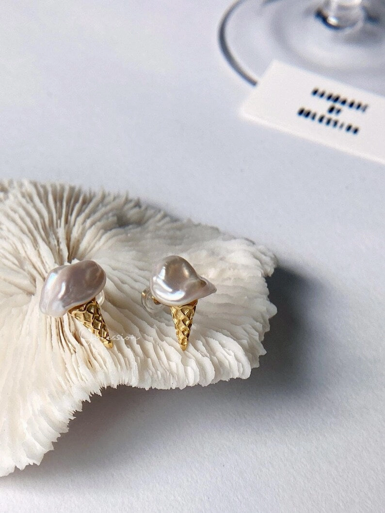Graceful Form Balanced Accent Melting Ice Cream Cone Baroque Pearl Stud Earrings 18K | Ice Cream Waffle Baroque Pearl Stud, Waffle Gelato Earstud, Minimalist Pearl Statement Earrings