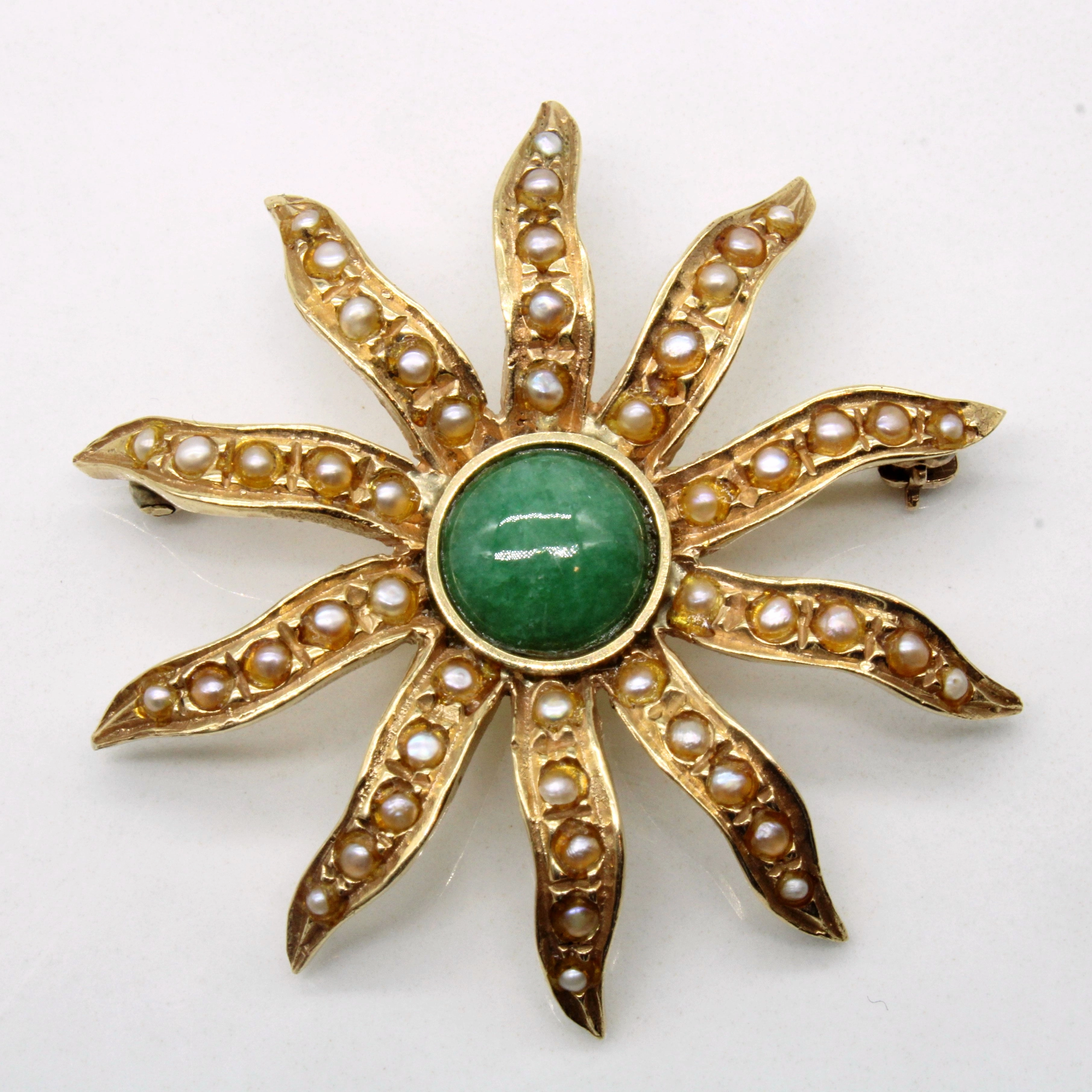 High Fashion Artisan Crafted Mid Century Jadeite & Pearl Sun Brooch | 1.50ct |