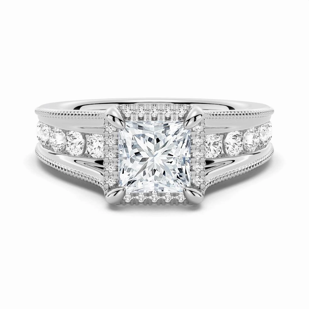 Sparkling Pieces Milgrain Vintage Princess Cut & Round Moissanite Engagement Ring