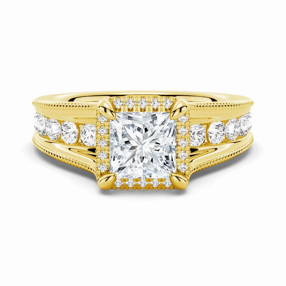 Modern Pair Luxurious Detail Milgrain Vintage Princess Cut & Round Moissanite Engagement Ring