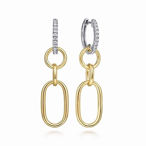 Everyday Touch Impeccable Detail 14K White and Yellow Gold Diamond Hollow Tube Huggie Drop Earrings