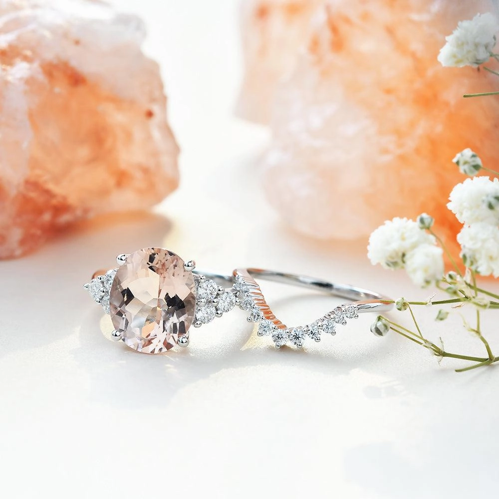 4.75ct Morganite Oval Classic Rose Gold Ring Set 2PCS - Faye Evening Sparkle
