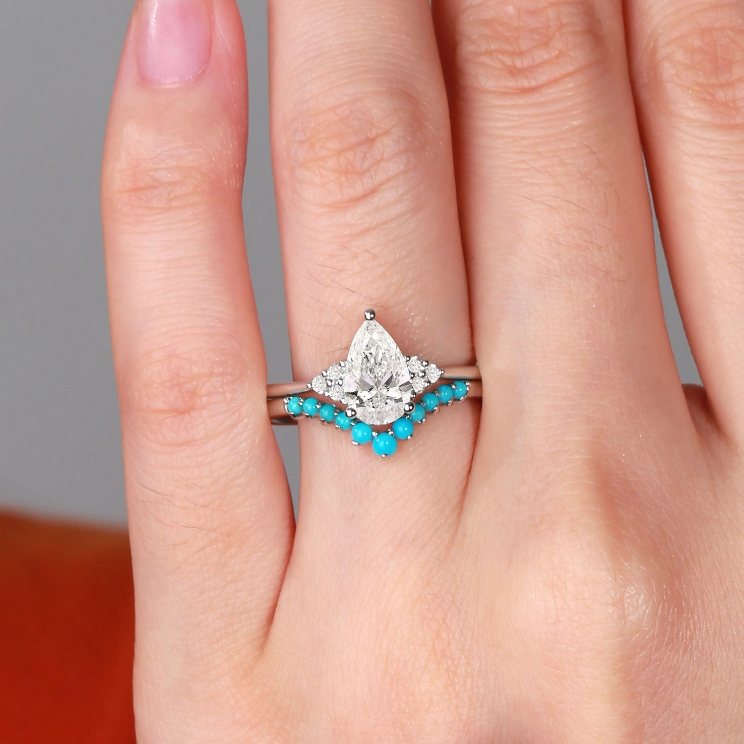 1.0ct Pear Lab Grown Diamond Classic Turquoise Ring Set 2pcs Dazzle Factor Valentine Gift