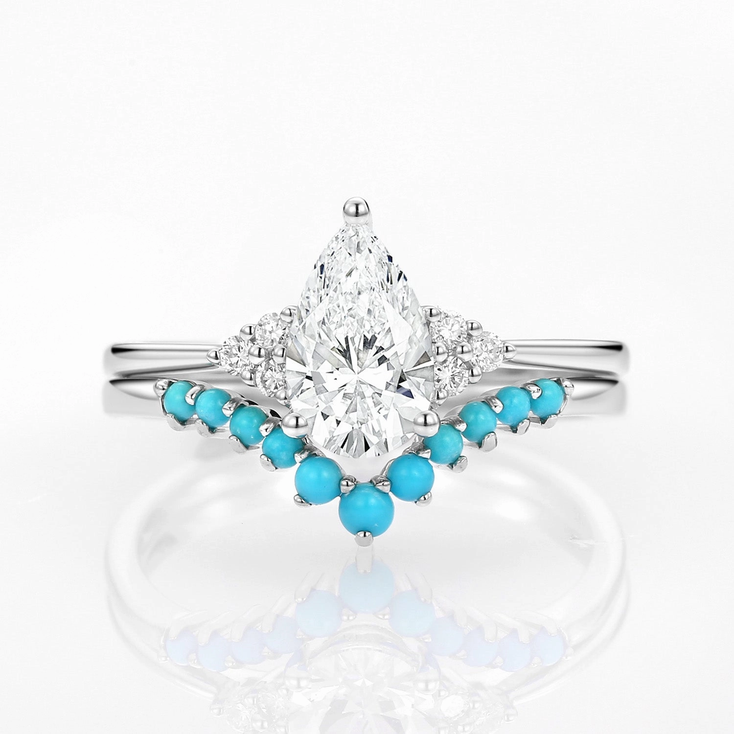 1.0ct Pear Lab Grown Diamond Classic Turquoise Ring Set 2pcs Bright design