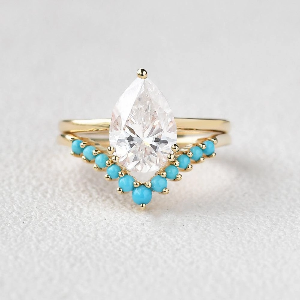 Understated Feature Gleaming Highlight Art-Deco Pear Shaped Moissanite & Turquoise Ring Set 2pcs