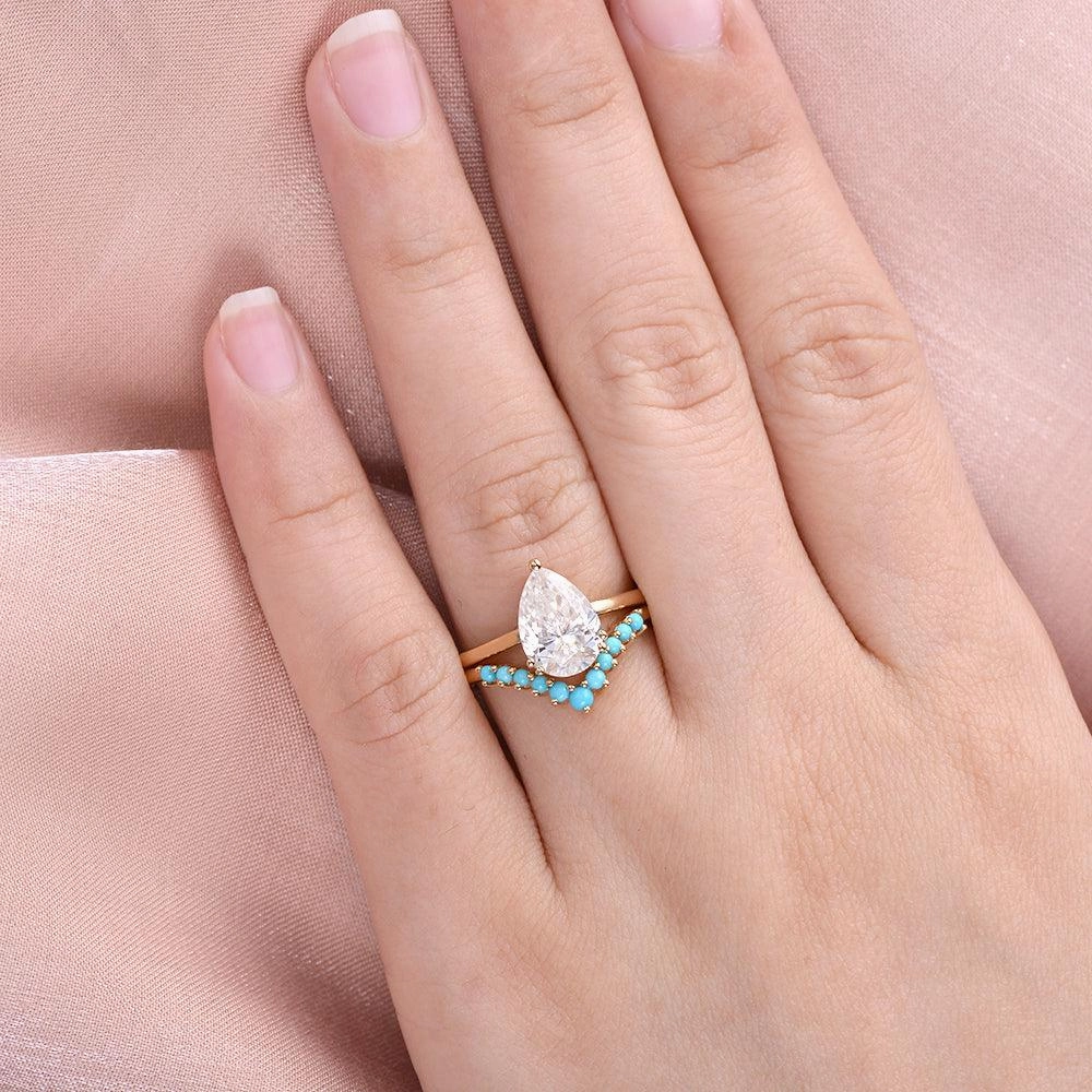 Art-Deco Pear Shaped Moissanite & Turquoise Ring Set 2pcs Cozy Detail