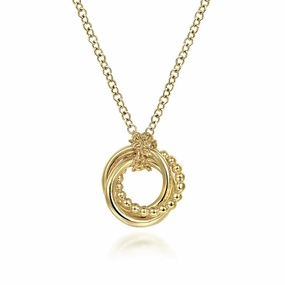Pure Form Timeless Grace 14K Yellow Gold Plain and Bujukan Beaded Interlocking Circles Pendant Necklace
