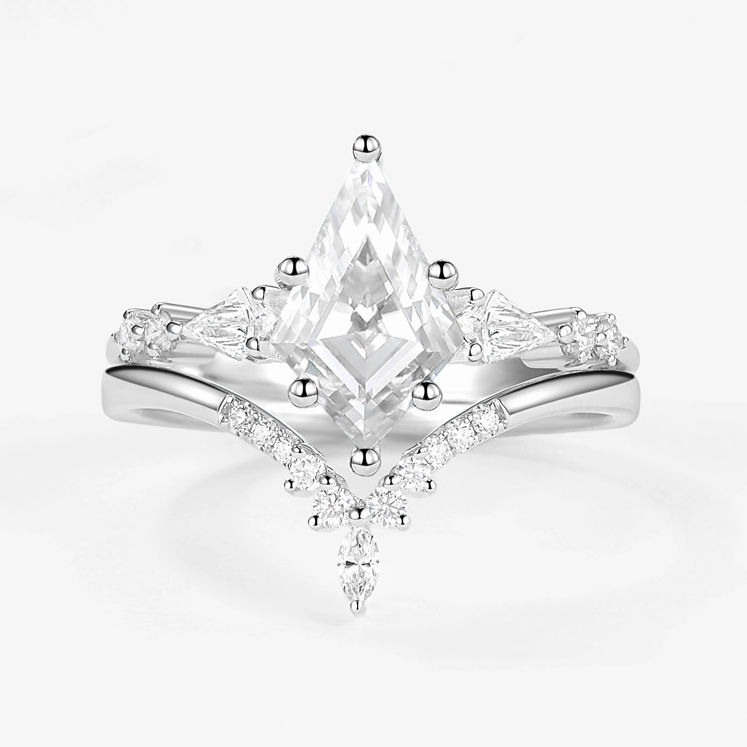 Moissanite Three Kite Stone Engagement Ring Sets 2pcs Sparkle Finish Understated Detail