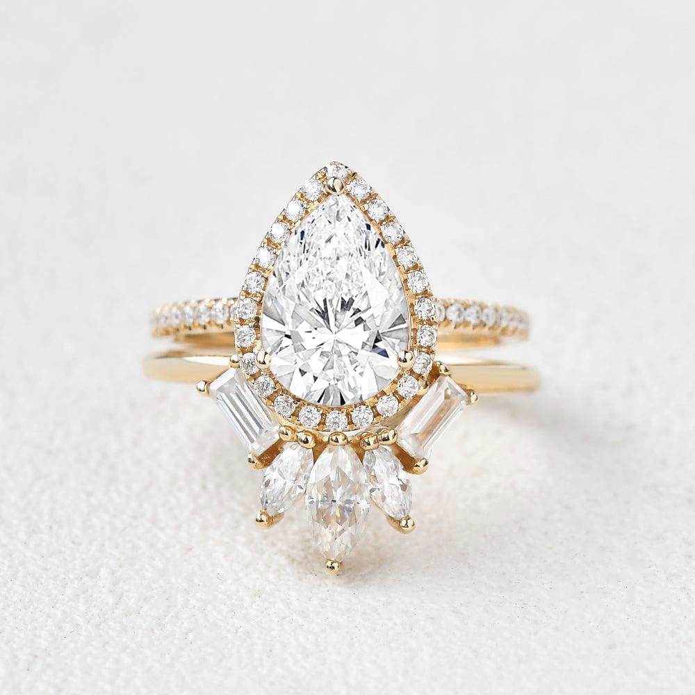 Vibrant Jewelry Design 1.0ct Halo Pear Lab Grown Diamond Baguette Ring Set 2pcs