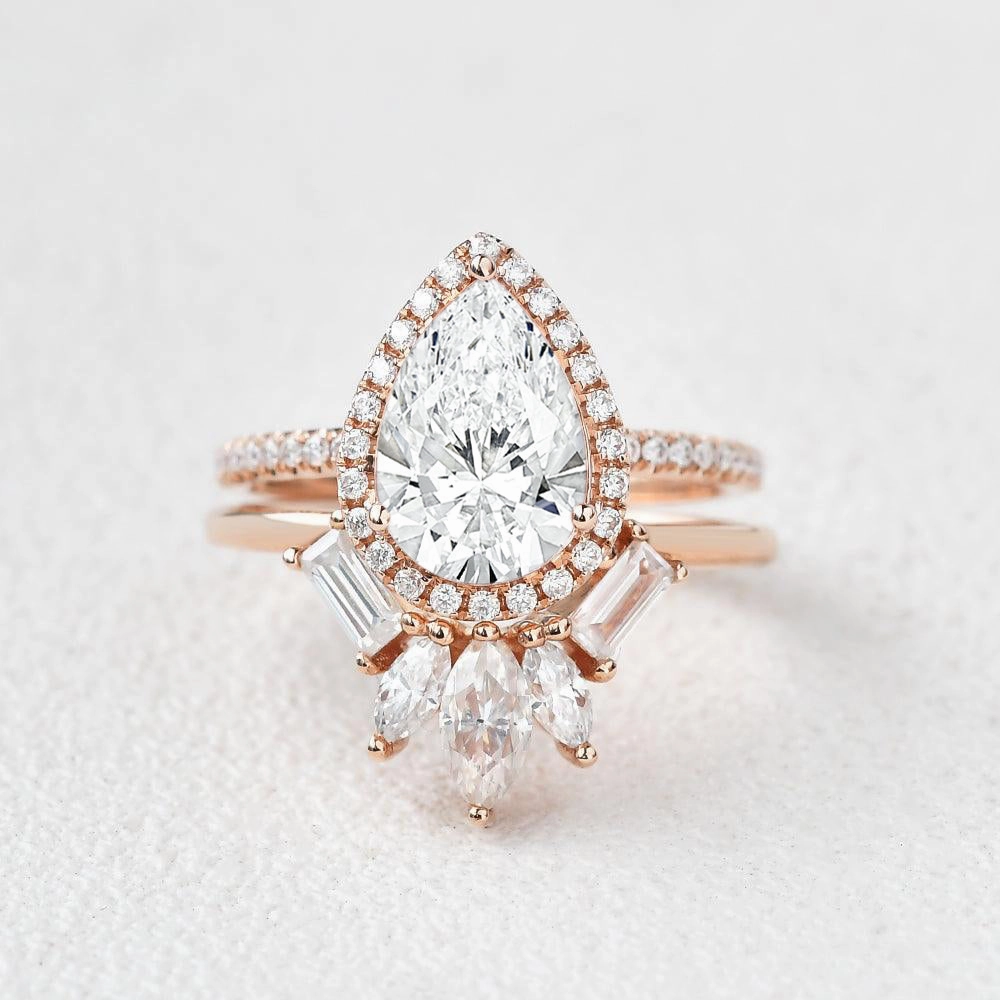 Bold Look 1.0ct Halo Pear Lab Grown Diamond Baguette Ring Set 2pcs