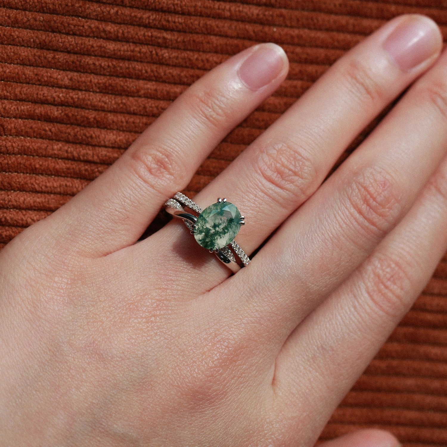 2.0ct Oval Moss Agate Rose Gold Ring Set 2pcs Classic Pop Delicate Style