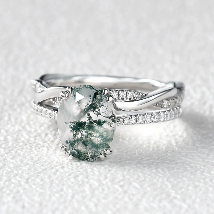 2.0ct Oval Moss Agate Rose Gold Ring Set 2pcs Quiet Look