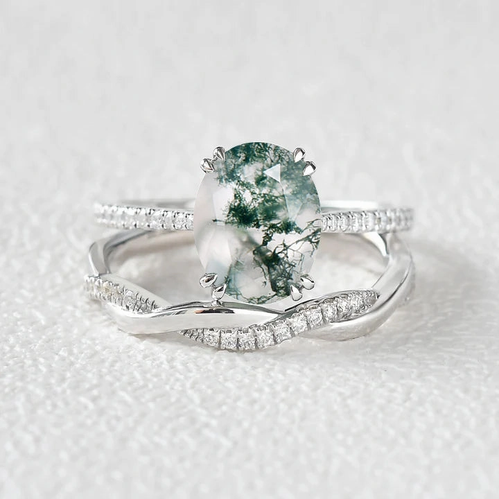 2.0ct Oval Moss Agate Rose Gold Ring Set 2pcs Luxury Glow Understated Detail