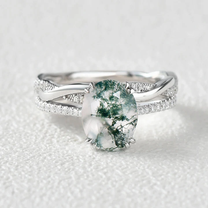 2.0ct Oval Moss Agate Rose Gold Ring Set 2pcs Travel Look