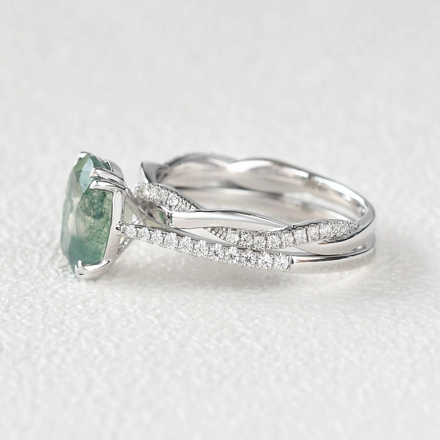 Occasion Wear Lustrous Glow 2.0ct Oval Moss Agate Rose Gold Ring Set 2pcs