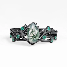 Nature Inspired - Pear Shaped Moss Agate Leafy Ring Set 2pcs - Mossy Dynamic Accent
