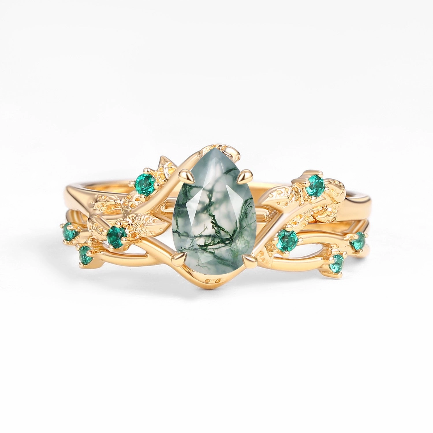 Nature Inspired - Pear Shaped Moss Agate Leafy Ring Set 2pcs - Mossy Gift Ready Style Triangular Pattern