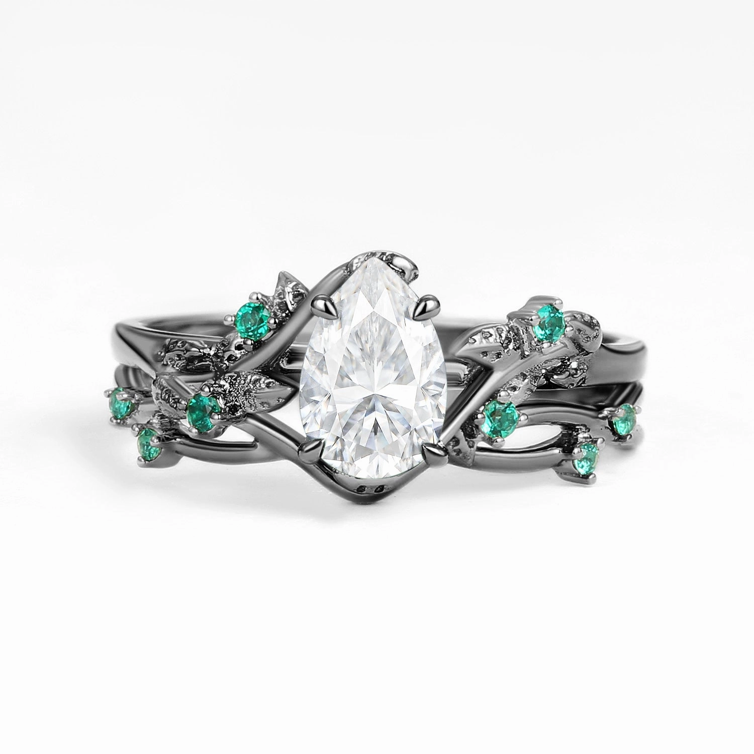 Nature Inspired - Pear Shaped Moss Agate Leafy Ring Set 2pcs - Mossy Meaningful Gift