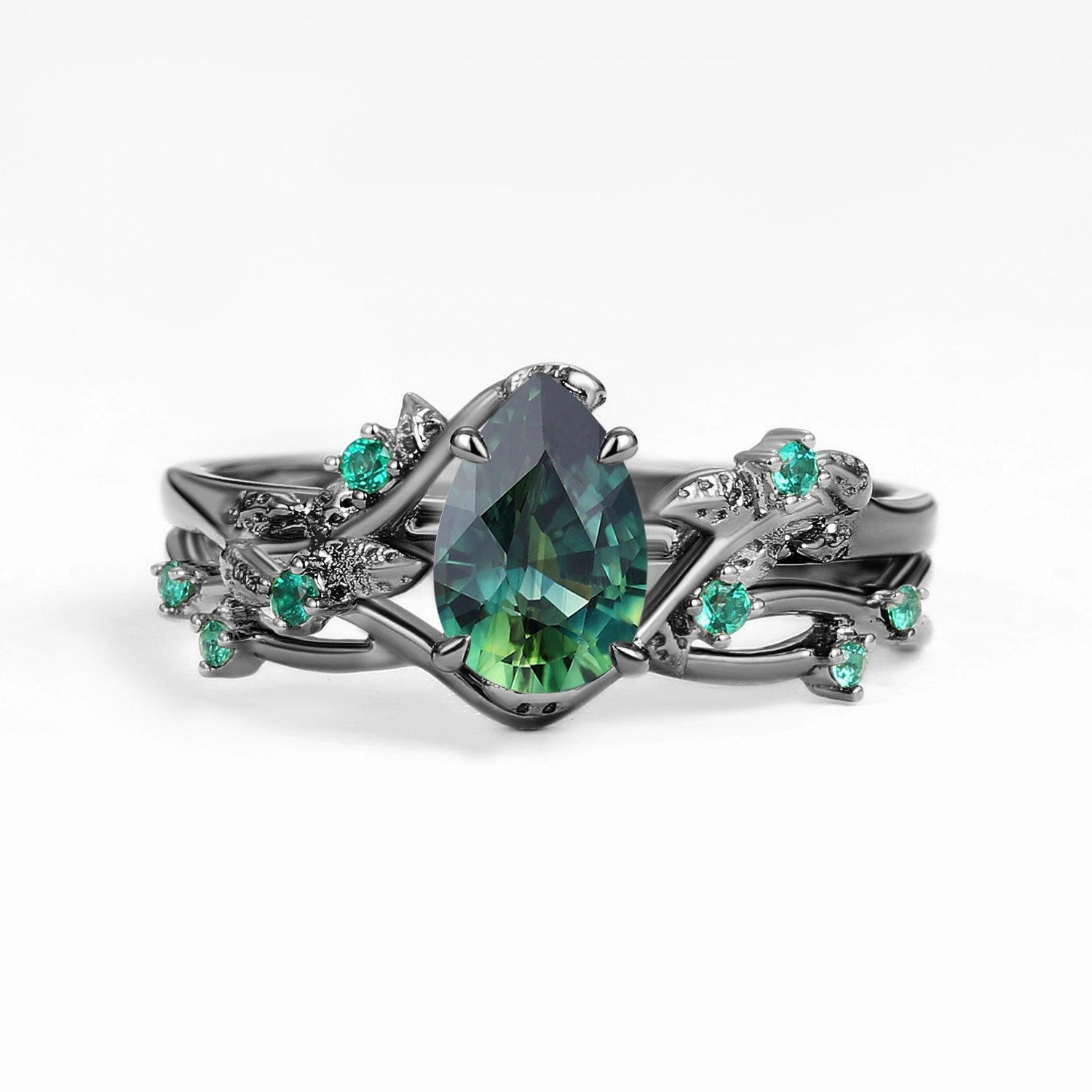 Tangible Goods Nature Inspired - Pear Shaped Moss Agate Leafy Ring Set 2pcs - Mossy