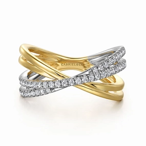 Modern Contour Polished Accessory 14K White and Yellow Gold Diamond Criss Cross Ladies Ring