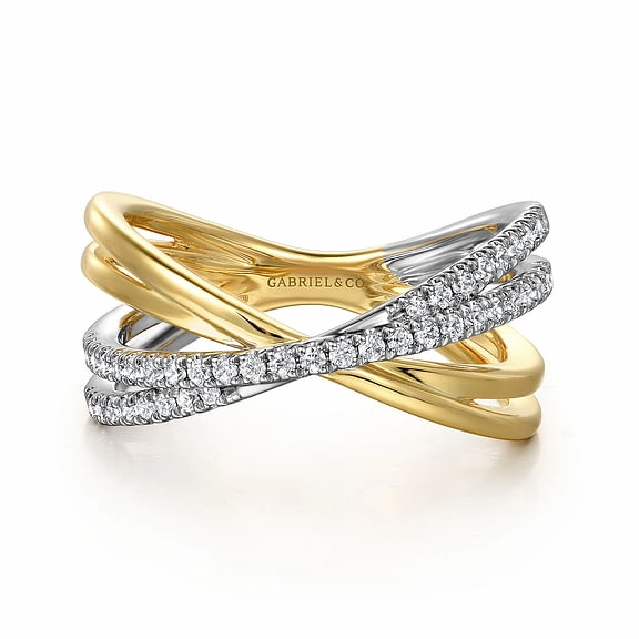 Modern Contour Polished Accessory 14K White and Yellow Gold Diamond Criss Cross Ladies Ring