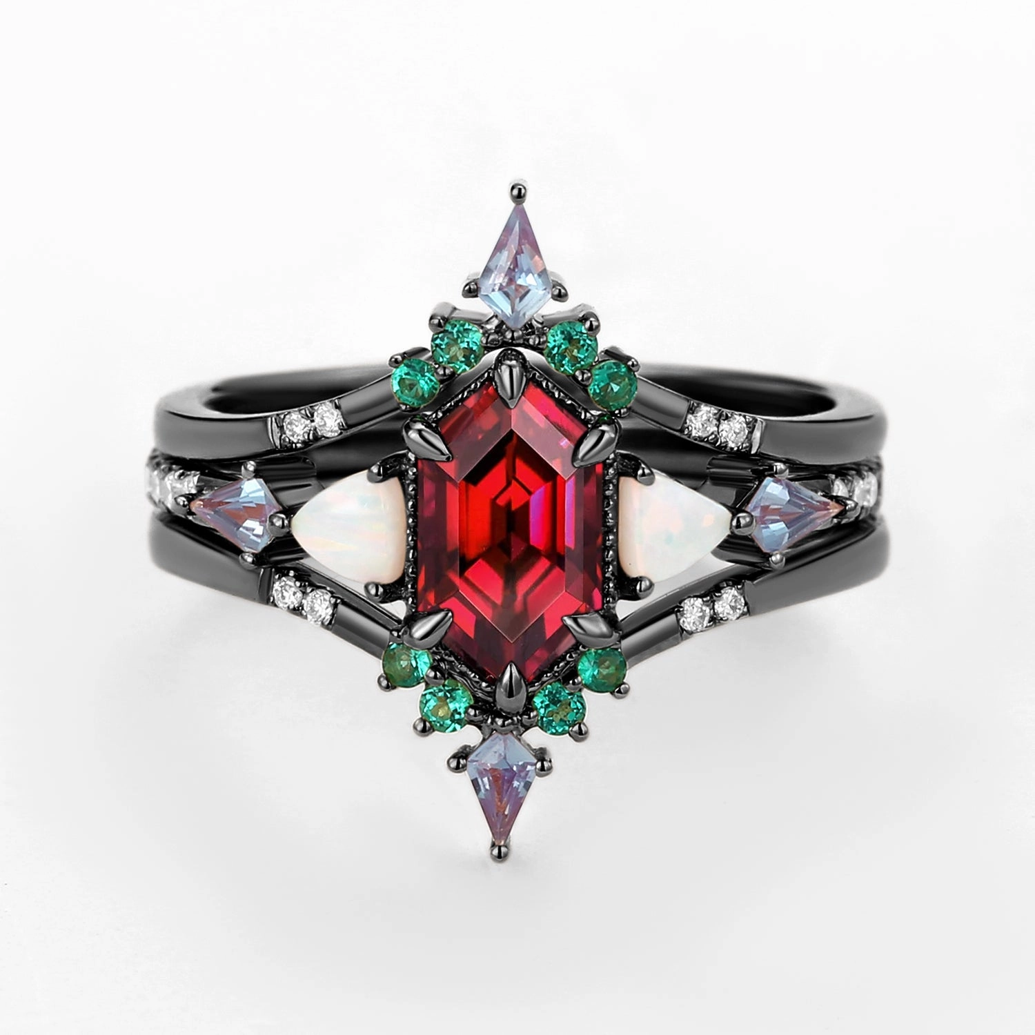 Refined Style Durable Design Black Gold Long Hexagon Moss Agate & Opal & Alexandrite & Emerald Ring Set 3pcs - Max