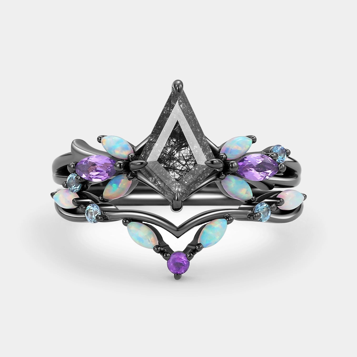 Black Rutilated Quartz & Opal & Amethyst Unique Engagement Ring Set 2pcs - Bella Bright Accent